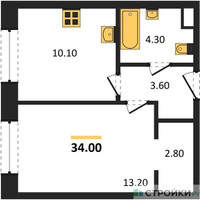 Планировка однокомнатной(квартира) площадью 34 квадратных метров в “Жилые кварталы Белый Град”