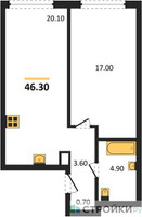 Планировка однокомнатной(квартира) площадью 46.3 квадратных метров в “Акценты”