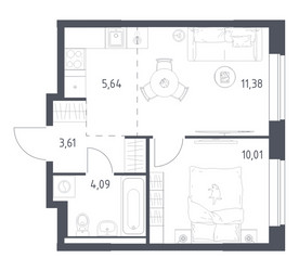 Планировка однокомнатной(квартира) площадью 34.73 квадратных метров в ЖК “ЖК Новое Видное”