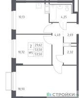 Планировка двухкомнатной(квартира) площадью 53.5 квадратных метров в “ЖК Томилино Парк”