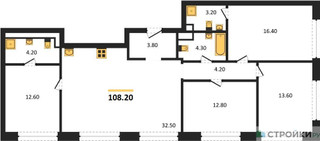Планировка 4+ комнатной(квартира) площадью 108.2 квадратных метров в “ЖК Вейв”