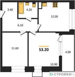 Планировка двухкомнатной(квартира) площадью 53.2 квадратных метров в ЖК “ЖК Прокшино”