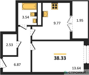 Планировка однокомнатной(квартира) площадью 38.33 квадратных метров в ЖК “ЖК Дюна”