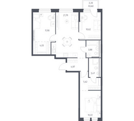 Планировка трехкомнатной(квартира) площадью 77.06 квадратных метров в ЖК “ЖК Квартал Ивакино”