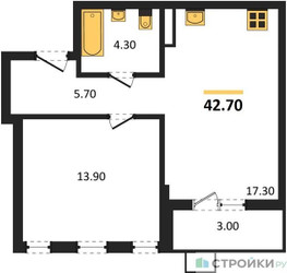 Планировка однокомнатной(квартира) площадью 42.7 квадратных метров в ЖК “ЖК Деснаречье”