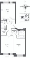Планировка двухкомнатной(квартира) площадью 63.4 квадратных метров в “ЖК КИНОКВАРТАЛ”