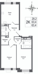 Планировка двухкомнатной(квартира) площадью 63.4 квадратных метров в ЖК “ЖК КИНОКВАРТАЛ”