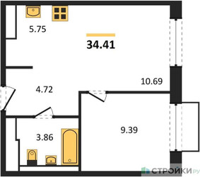 Планировка однокомнатной(квартира) площадью 34.41 квадратных метров в ЖК “ЖК Новое Внуково”