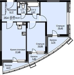 Планировка двухкомнатной(квартира) площадью 60.1 квадратных метров в ЖК “ЖК Соболевка”
