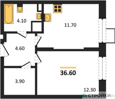 Планировка однокомнатной(квартира) площадью 36.6 квадратных метров в “ЖК ОБЛАКА-2”