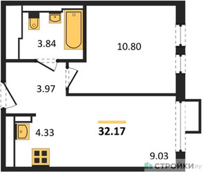 Планировка однокомнатной(квартира) площадью 32.17 квадратных метров в ЖК “ЖК Остафьево”