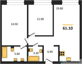 Планировка двухкомнатной(квартира) площадью 61.1 квадратных метров в ЖК “ЖК Moments (Моментс)”