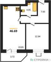 Планировка однокомнатной(квартира) площадью 46.69 квадратных метров в “ЖК Мечта”