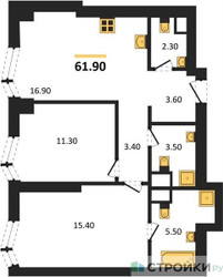 Планировка двухкомнатной(квартира) площадью 61.9 квадратных метров в ЖК “ЖК Айс Тауэрс”
