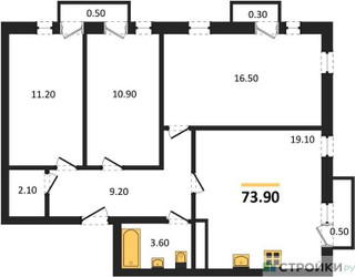 Планировка трехкомнатной(квартира) площадью 73.9 квадратных метров в ЖК “ЖК Южная Долина”