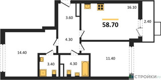 Планировка двухкомнатной(квартира) площадью 58.7 квадратных метров в “ЖК Прокшино”