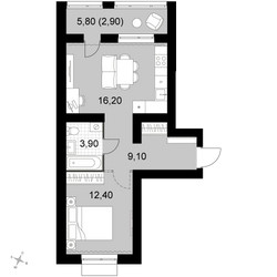 Планировка двухкомнатной(квартира) площадью 44.5 квадратных метров в ЖК “Апрелевка Клаб”