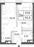 Планировка двухкомнатной(квартира) площадью 55.3 квадратных метров в “ЖК Will Towers (Вилл Тауэрс)”