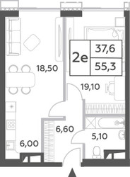 Планировка двухкомнатной(квартира) площадью 55.3 квадратных метров в ЖК “ЖК Will Towers (Вилл Тауэрс)”