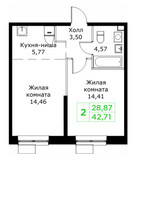 Планировка двухкомнатной(квартира) площадью 42.71 квадратных метров в “ЖК КИТ 2”