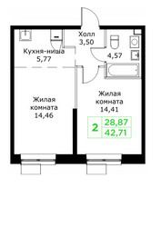 Планировка двухкомнатной(квартира) площадью 42.71 квадратных метров в ЖК “ЖК КИТ 2”