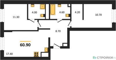 Планировка двухкомнатной(квартира) площадью 60.9 квадратных метров в ЖК “ЖК Детали”
