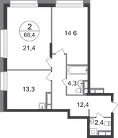 Планировка двухкомнатной(квартира) площадью 68.4 квадратных метров в “ЖК Первый Московский”