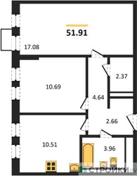 Планировка двухкомнатной(квартира) площадью 51.91 квадратных метров в ЖК “ЖК Пригород Лесное”