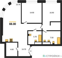 Планировка двухкомнатной(квартира) площадью 88 квадратных метров в “ЖК Большая Татарская 35”