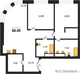 Планировка двухкомнатной(квартира) площадью 88 квадратных метров в ЖК “ЖК Большая Татарская 35”