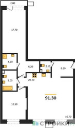 Планировка двухкомнатной(квартира) площадью 91.3 квадратных метров в ЖК “ЖК Дзен-кварталы”