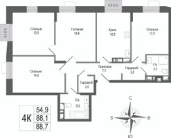 Планировка 4+ комнатной(квартира) площадью 88.1 квадратных метров в “ЖК КИНОКВАРТАЛ”