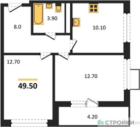 Планировка двухкомнатной(квартира) площадью 49.5 квадратных метров в ЖК “ЖК Скандинавия”