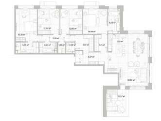 Планировка 4+ комнатной(квартира) площадью 153.8 квадратных метров в ЖК “Архитектурный проект Мыс”