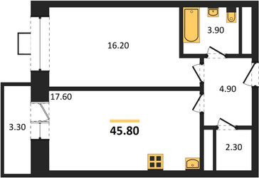 Планировка однокомнатной(квартира) площадью 44.5 квадратных метров в ЖК “ЖК Идеал”