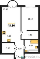 Планировка однокомнатной(квартира) площадью 45.8 квадратных метров в “ЖК Новые смыслы”