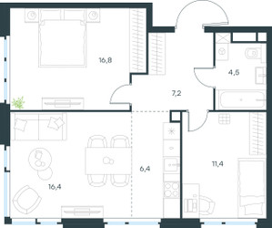 Планировка трехкомнатной(квартира) площадью 62.7 квадратных метров в ЖК “ЖК Level Мичуринский”