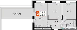 Планировка двухкомнатной(квартира) площадью 60.1 квадратных метров в “ЖК The LAKE (Лэйк)”
