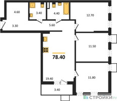Планировка трехкомнатной(квартира) площадью 78.4 квадратных метров в “ЖК Деснаречье”
