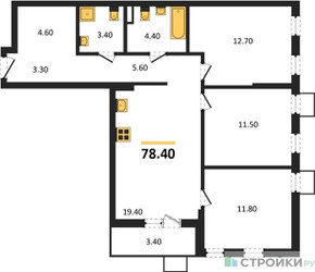 Планировка трехкомнатной(квартира) площадью 78.4 квадратных метров в ЖК “ЖК Деснаречье”