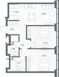 Планировка двухкомнатной(квартира) площадью 62.05 квадратных метров в ЖК “ЖК TATE (Тэйт)”
