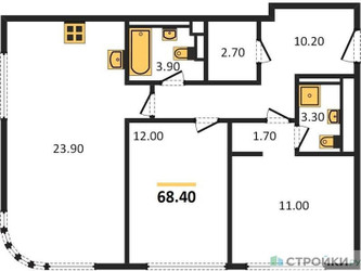 Планировка двухкомнатной(квартира) площадью 68.4 квадратных метров в ЖК “ЖК Нагатино Ай-Лэнд”