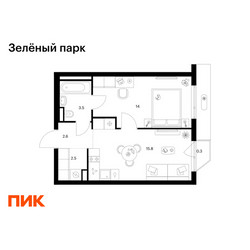 Планировка однокомнатной(квартира) площадью 38.7 квадратных метров в ЖК “ЖК Зеленый парк”