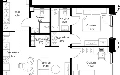 Планировка двухкомнатной(квартира) площадью 59.5 квадратных метров в ЖК “ЖК SET (Сет)”