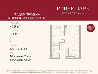 Планировка однокомнатной(квартира) площадью 42.8 квадратных метров в ЖК “ЖК Ривер Парк Кутузовский”