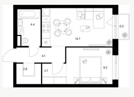 Планировка однокомнатной(квартира) площадью 37.7 квадратных метров в “ЖК Лосиноостровский парк”
