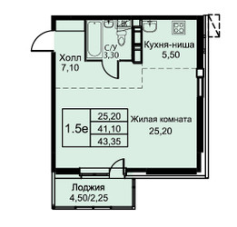 Планировка однокомнатной(апартаменты) площадью 43.4 квадратных метров в ЖК “ЖК Кашинцево”