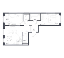 Планировка двухкомнатной(квартира) площадью 62.84 квадратных метров в “ЖК Квартал Домашний”