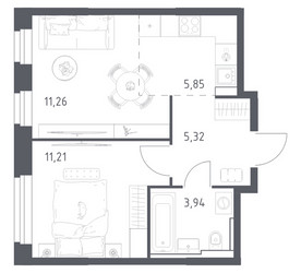 Планировка однокомнатной(квартира) площадью 37.58 квадратных метров в ЖК “ЖК Квартал Строгино”