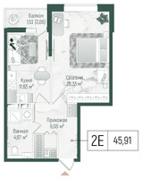 Планировка однокомнатной(квартира) площадью 47.44 квадратных метров в “ЖК Рига Хиллс”